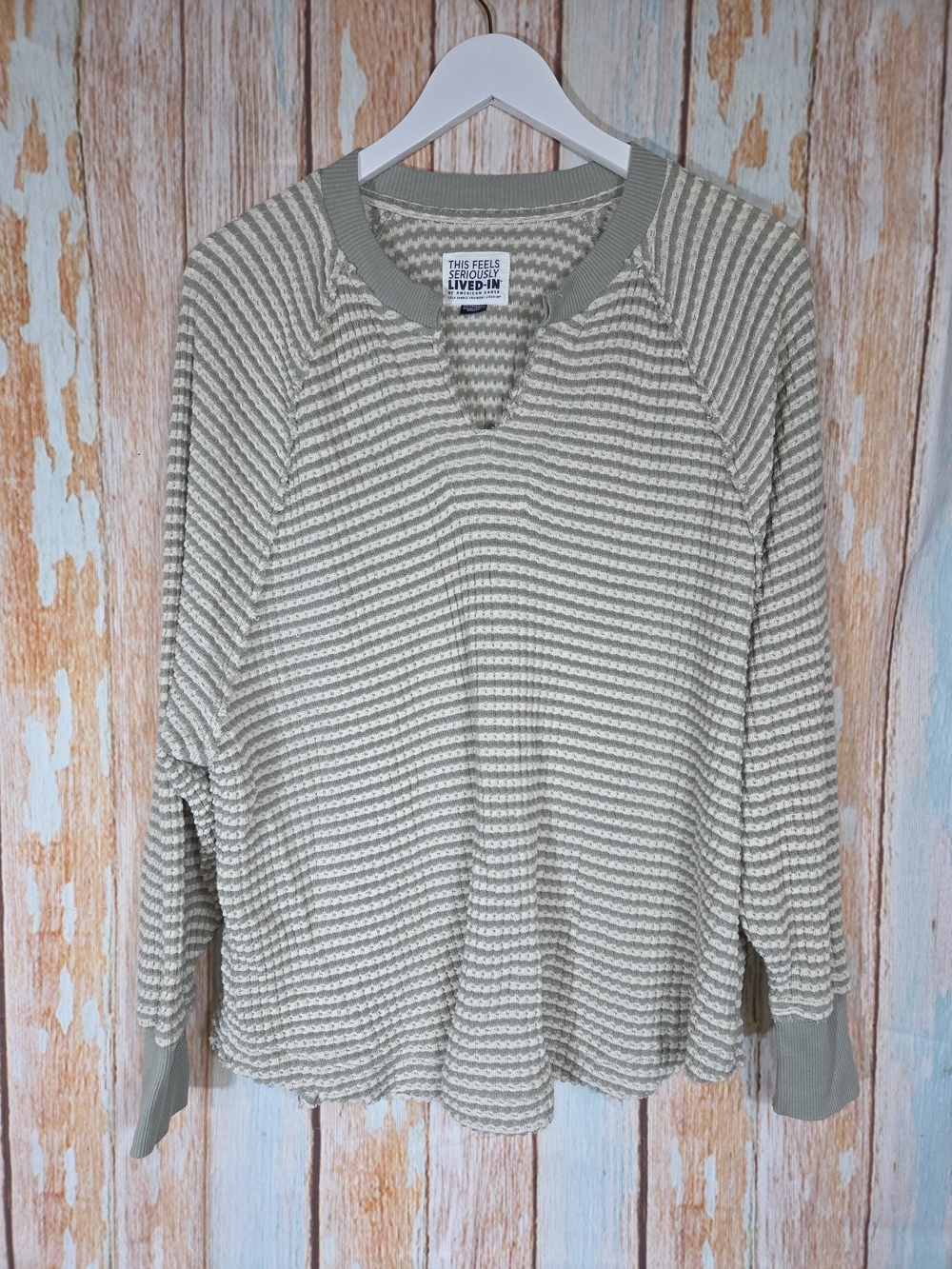 American Eagle This Feels Seriously Lived In Striped Cream & Sage V-Neck XS